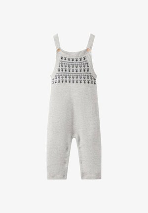 Grauer Strickoverall mit verstellbaren Trägern, ausgestattet mit Holzknöpfen und einem dekorativen schwarzen Muster im Brustbereich.