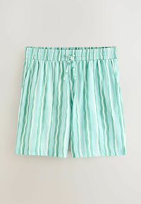 Shorts décontractés à rayures verticales vert clair et blanc, avec taille élastique et cordon de serrage à l'avant.