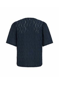 Haut bleu marine à manches courtes avec un motif hexagonal texturé et un col rond, présenté de dos sur un fond blanc.