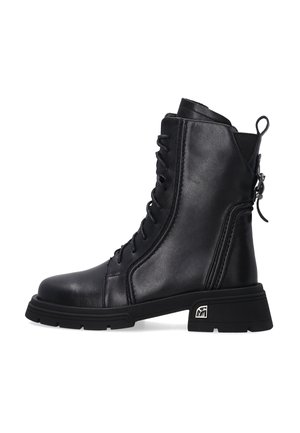 Black leather ankle boot with lace-up front, chunky sole, and side zipper detail. Features modern design and textured finish.