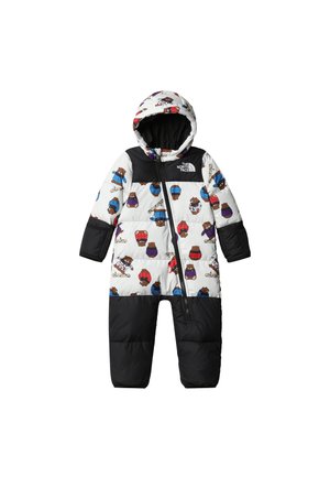 Φουσκωτή ολόσωμη φόρμα για χιόνι με πολύχρωμο μοτίβο αρκούδας σε λευκό φόντο, μαύρα μανίκια και κάτω μέρος, πλήρες φερμουάρ και κουκούλα.