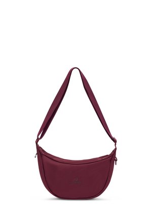 Piccola borsa a tracolla color amaranto con tracolla regolabile e chiusura a cerniera, design semplice, realizzata in tessuto.