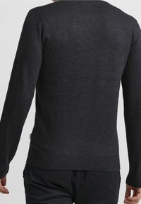 Dunkelgrauer Strickpullover mit langen Ärmeln, rundem Halsauschnitt und ribbeltem Saum. Glatte Textur ohne sichtbare Muster oder Verzierungen.