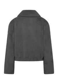 Szara, krótka kurtka z puszystego materiału, z płaskim kołnierzem i długimi rękawami. Wyróżnia się miękką teksturą i prostym designem.
