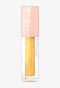 Tube transparent de Maybelline Lifter Gloss avec un capuchon rose pâle en relief. Formule jaune brillante visible à l'intérieur, étiquetée avec les détails du produit.