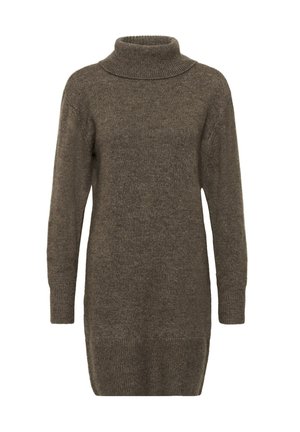 Olivgrünes Rollkragenpullover-Kleid aus weichem, strukturiertem Stoff, mit langen Ärmeln und gerippten Saumakzenten.