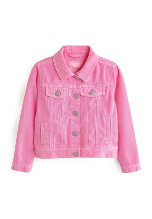 Pink denimjakke med knapper foran, to brystlommer med klap og sidelommer, med en klassisk krave og lange ærmer.