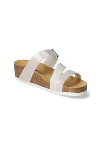 Sandales compensées avec deux larges brides ; l'une en matériau rose clair brillant, l'autre en blanc texturé. Semelle en liège, semelle extérieure blanche, design minimaliste.