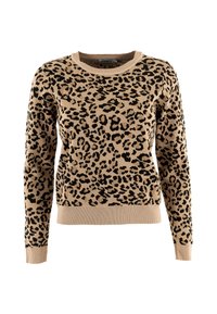 Suéter beige con estampado de leopardo negro, con cuello redondo y puños y dobladillo acanalados. Fabricado en una suave tela de punto texturizada.