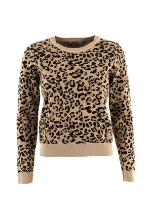 Pull beige avec un imprimé léopard noir, doté d'un col rond et de poignets et d'un ourlet côtelés. Fabriqué en tissu tricoté doux et texturé.