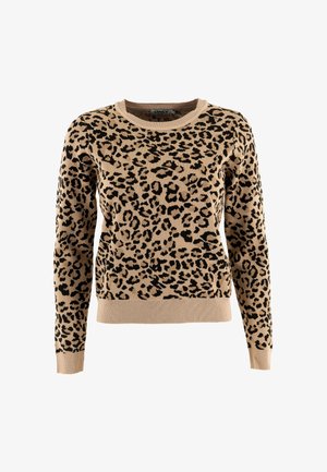 Pull beige avec un imprimé léopard noir, doté d'un col rond et de poignets et d'un ourlet côtelés. Fabriqué en tissu tricoté doux et texturé.