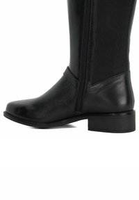 Knee-high black leather boot with a smooth finish, side zipper, rounded toe, and low block heel. Made from synthetic materials.