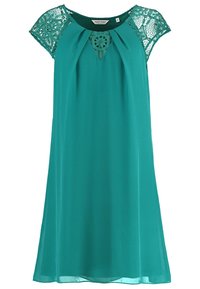 Turquoise jurk met korte kanten mouwen, ronde halslijn en een geplooide voorkant. Gladde stof met een vloeiende silhouet, geschikt voor warm weer.