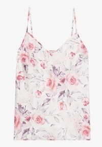 Camisă florală dintr-un material ușor. Prezintă un fundal deschis cu trandafiri roz și mov, împreună cu frunze. Curele subțiri și design cu decolteu în V.