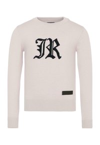 Maglione rosa chiaro con polsini e orlo a costine. Presenta un grande logo ricamato in nero "JR" sul davanti, con un piccolo etichetta nera in basso.