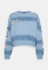 Modrý tie-dye zkrácený svetr s textem "Hello Kitty", obsahující barevné grafiky postav na rukávech a žebrované manžety.