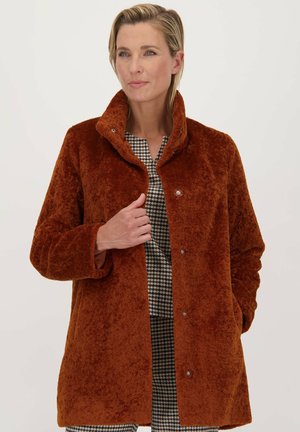 Bruine fuzzy jas met een hoge kraag, drukknoopsluitingen en lange mouwen, gecombineerd met een zwart-witte gestreepte blouse eronder.