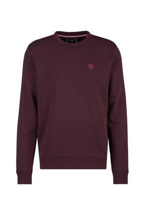 Langärmliges Sweatshirt mit Rundhalsausschnitt in dunklem Weinrot, mit gerippten Bündchen und kleinem, besticktem Wappenschild-Logo auf der linken Brust.