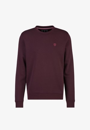 Ronde hals long-sleeve sweatshirt in donker bordeauxrood met geribbelde manchetten en een klein geborduurd schildlogo op de linkerborst.