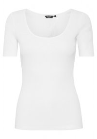 Tricou alb cu dungi, având un decolteu generos și mâneci scurte. Materialul are o textură netedă și o siluetă ajustată.