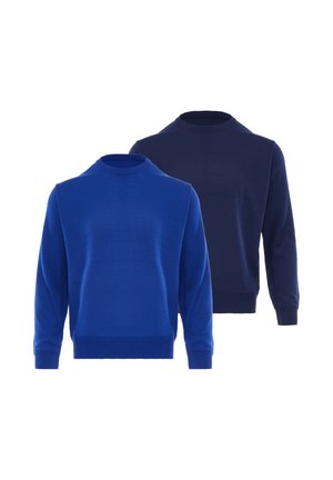 To langærmede crewneck-trøjer i ensfarvede farver, en lys blå foran og en mørk marineblå bagved.