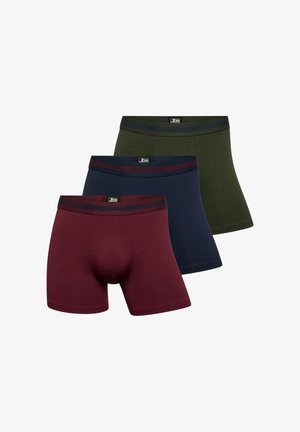 Tre par herre boxershorts i mørkegrøn, marineblå og bordeaux. Fremstillet af blød, strækbar stof med mærket elastisk talje.