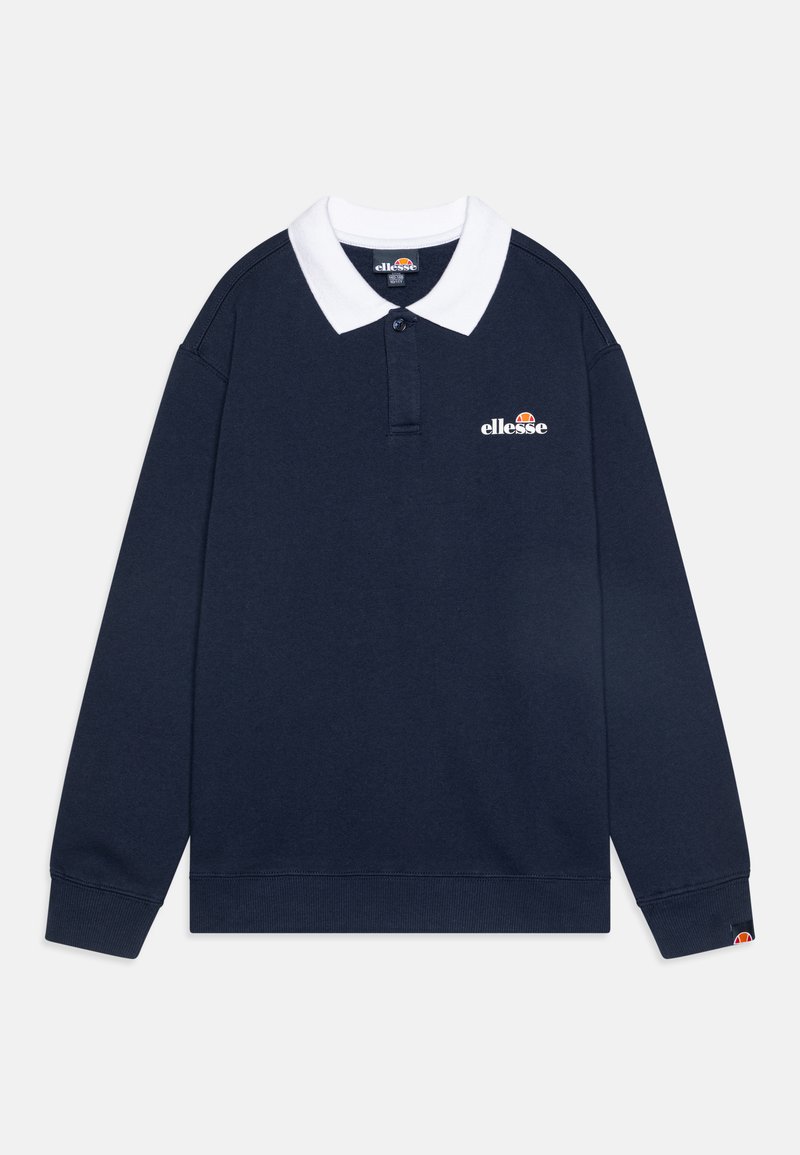 Polo de mangas longas azul-escuro com colarinho branco, apresentando um pequeno logótipo no peito. O tecido parece suave, com punhos e bainha em malha canelada.