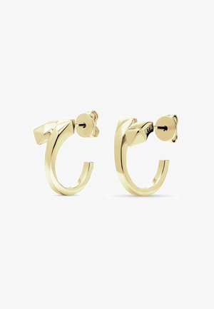 Gouden oorbellen in de vorm van een ring met een gepolijst afwerking, voorzien van geometrische accenten en een veilige studsluiting. Modern en stijlvol ontwerp.