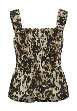 Halenka s peplum střihem v leopardím vzoru, s nařaseným živůtkem, čtvercovým výstřihem a širokými ramínky v béžových, černých a hnědých odstínech. Jemná textura látky.