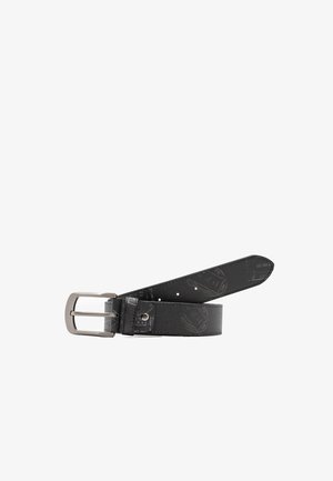 Cintura in pelle nera con finitura strutturata, dotata di fibbia in metallo argentato e multiple forature per la regolazione, con motivi in rilievo.