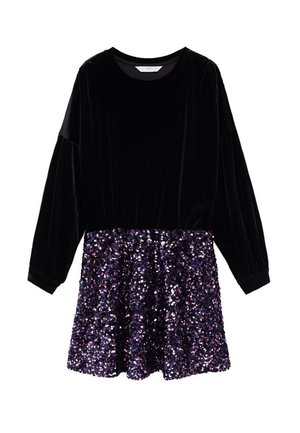 Robe longue en velours noir à manches longues avec une jupe pailletée de couleur violette et rose. Elle présente un col rond et des manches texturées.