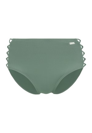 Hooggelegen bikini-onderstuk in een gedempte groene stof. Kenmerkt zich door crisscross-detailing aan de zijkanten en een klein metalen logoaccent. Gladde textuur.