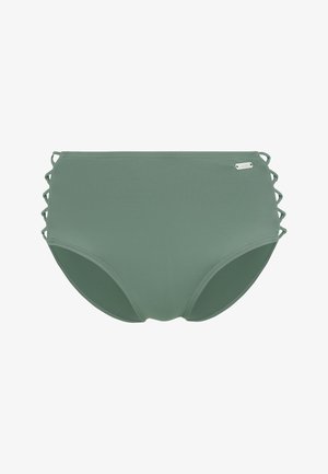 Hooggelegen bikini-onderstuk in een gedempte groene stof. Kenmerkt zich door crisscross-detailing aan de zijkanten en een klein metalen logoaccent. Gladde textuur.