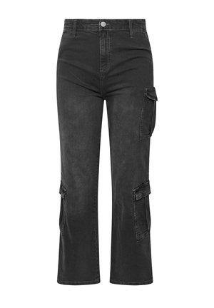 Pantaloni cargo neri in denim, con vita alta, gamba larga, due tasche laterali e una texture liscia con una finitura sbiadita.