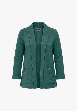 Blazer verde, texturat cu un front deschis, rever tăiat, mâneci lungi și două buzunare frontale. Detaliu cu manșete de mânecă rulate.