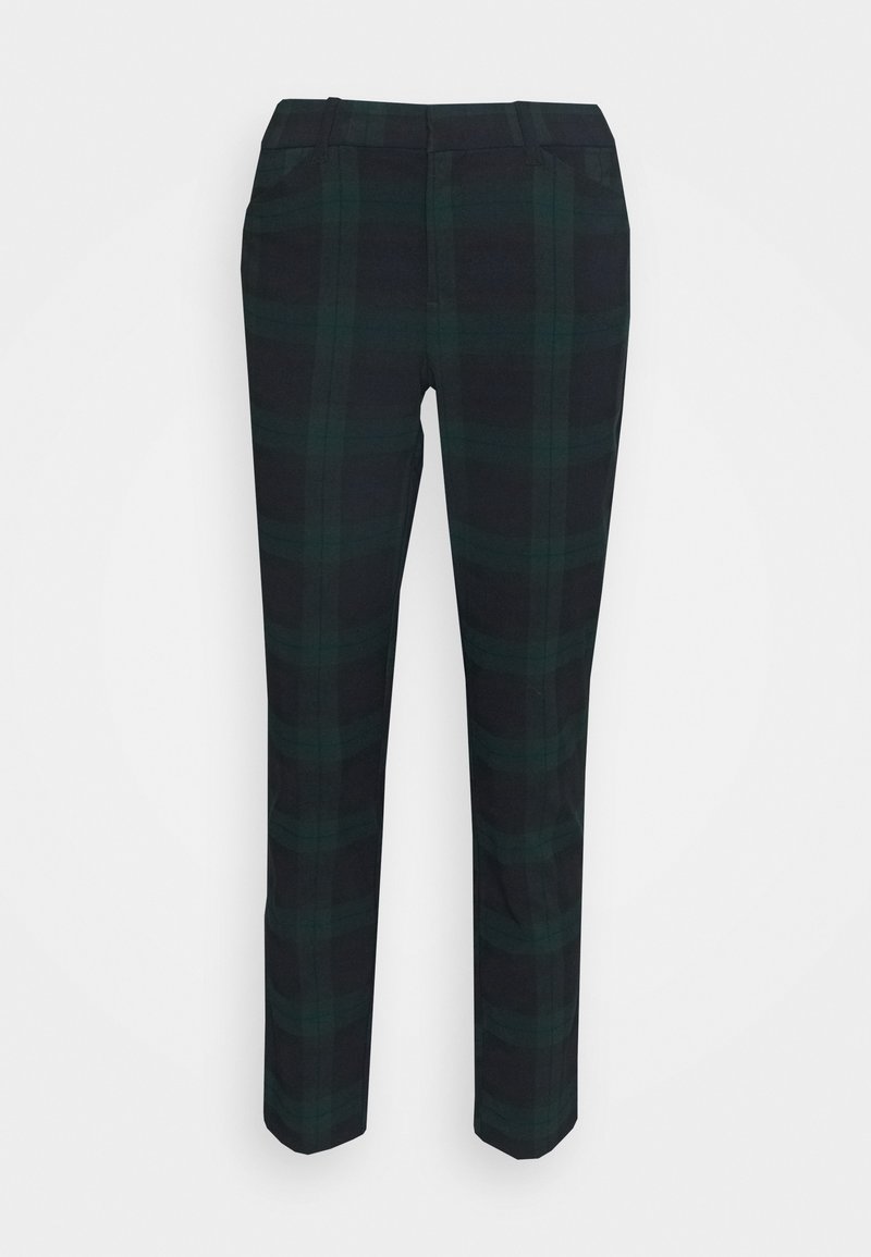 Pantalon slim à carreaux noirs et vert foncé avec jambes droites et passants de ceinture, présenté sur un fond blanc uni.