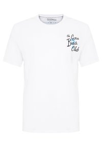Weißes Baumwoll-T-Shirt mit "the Guess Beach Club" in schwarzer und blauer Stickerei. Kurzärmlig und mit Rundhalsausschnitt.