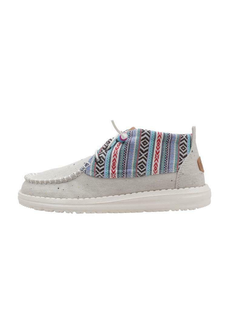 Zapato de tela gris con parte superior de tejido a rayas multicolores, suela de goma blanca y costura decorativa a lo largo del borde. Presenta un cierre de cordones.