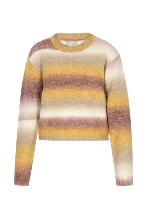 Striped knit sweater in yellow, cream, and brown shades. Features a round neckline, long sleeves, and a cropped hem. Soft texture.