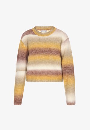 Csíkos kötött pulóver sárga, krém és barna árnyalatokban. Kerek nyakkivágással, hosszú ujjakkal és rövidített szegéllyel rendelkezik. Puha textúra.