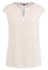 Jasnobeżowa bluzka krótki rękaw z dekoltem w szpic. Miękka, gładka tkanina o luźnym kroju i lekko zaokrąglonym dolnym brzegu.