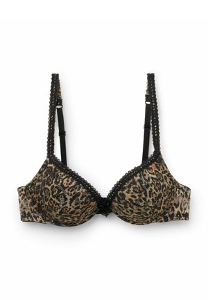 Leopard print underwire bra with black lace trim, adjustable straps, and a smooth texture. Features a small bow at the center front.