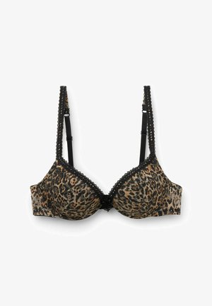 Sujetador con aros de estampado de leopardo y ribete de encaje negro, con tirantes ajustables y una textura suave. Presenta un pequeño lazo en el centro frontal.