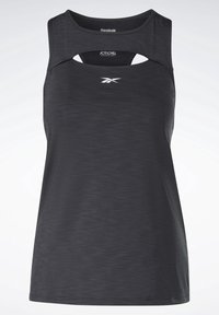 Černý sportovní top bez rukávů s hladkým, texturovaným designem, který má výřez v oblasti výstřihu a bílé logo Reebok.