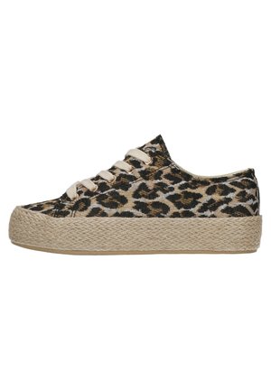 Low-top sneaker with leopard print fabric upper, white laces, and thick woven jute platform sole.