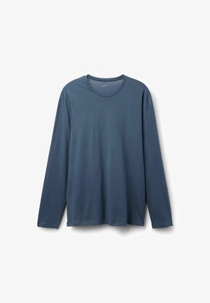 Chemise à manches longues bleu foncé, en coton doux. Présente un col rond et un ourlet droit, sans logos ni motifs visibles.
