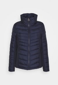 Giubbotto imbottito blu navy con colletto alto, frontale con zip e motivo a cuciture; presenta pannelli laterali a contrasto.
