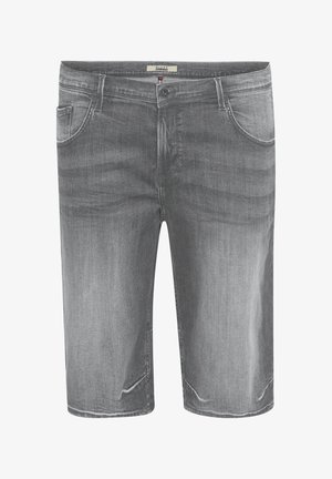 Shorts en denim gris à coupe droite, avec un design à cinq poches et fermeture à bouton en métal. Décoloration subtile et effet de frottement sur le tissu.