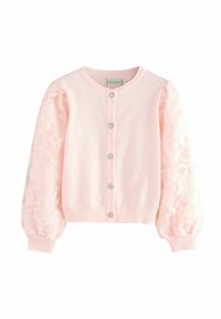 Ljusrosa cardigan med puffärmar, prydd med spetsblommönster på ärmarna, fem dekorativa knappar och ribbat avslut.