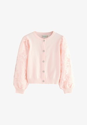 Heller rosa Cardigan mit Puffärmeln, ausgestattet mit einem Spitzen-Blumenmuster auf den Ärmeln, fünf dekorativen Knopfverschlüssen und geripptem Saum.